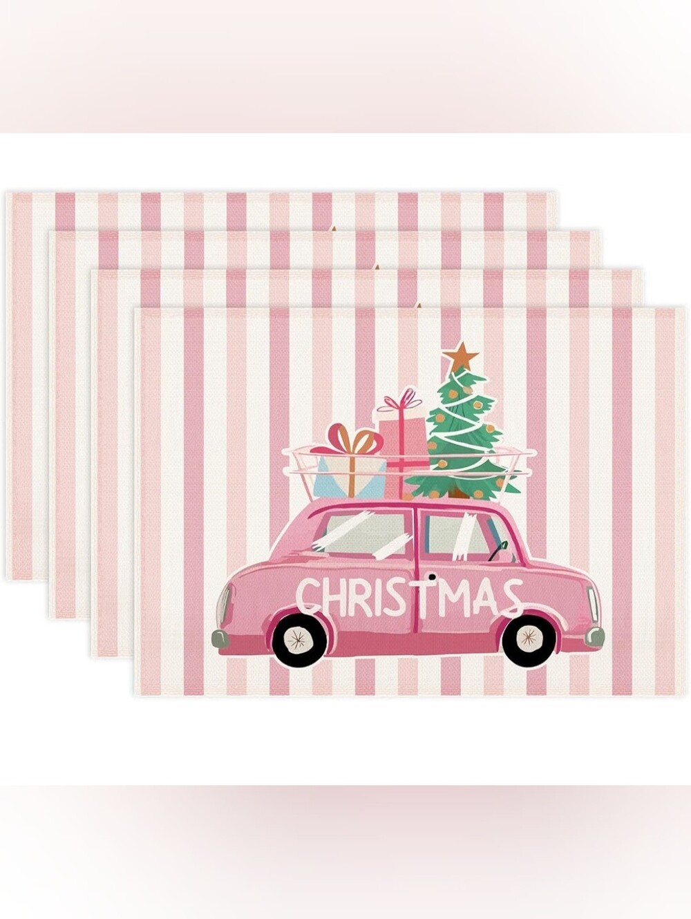 Set of 4 Pink Christmas Placemats - Retro Pink Car & Striped Holiday Table Decor